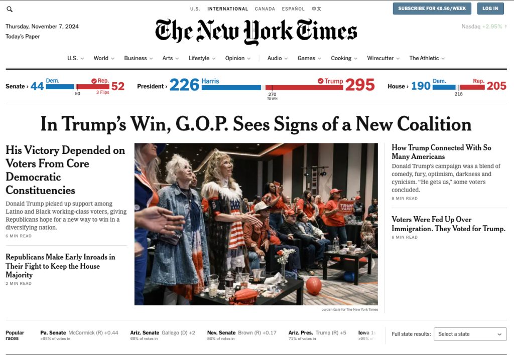 Portada del diario The New York Times con los resultados de las elecciones a la Casa Blanca