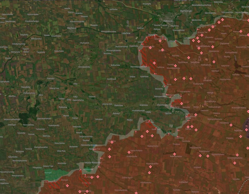 Progresos rusos recientes en los sectores de Pokrovsk-Kurajove y Velyka-Novosilka